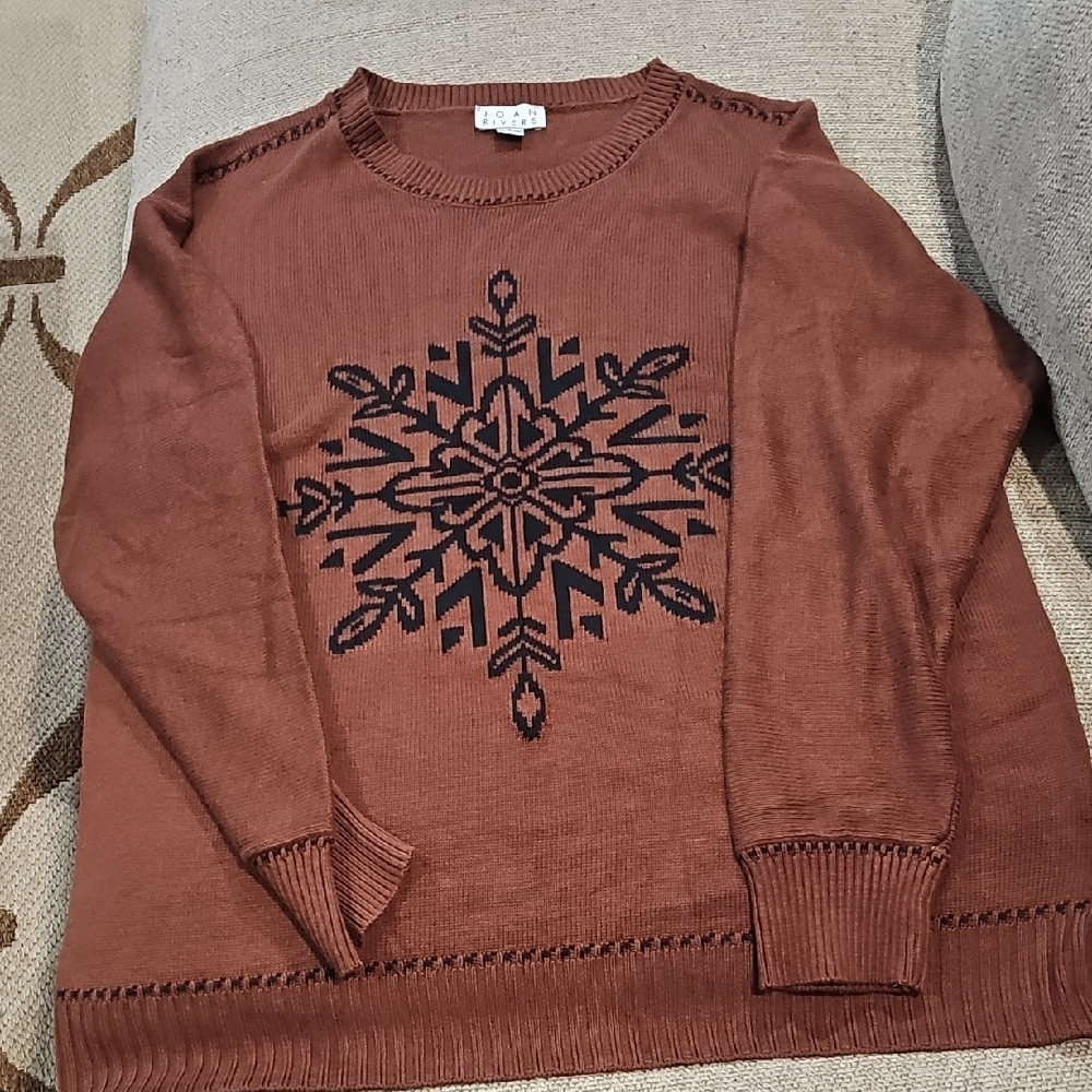Joan Rivers Brown Sweater with Black Snowflake Design
